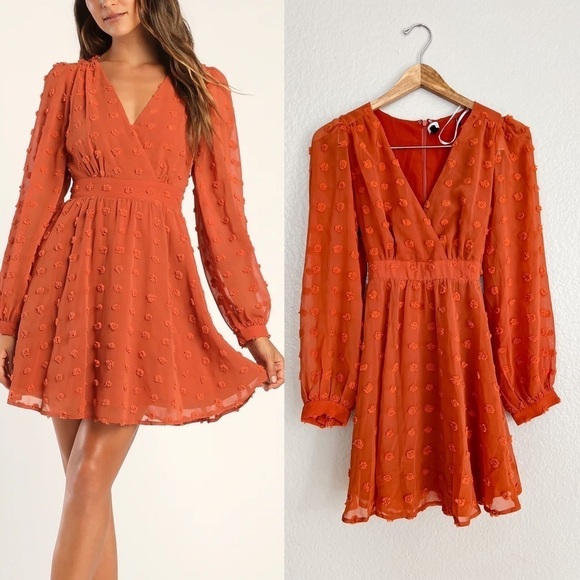 Lulus Dresses & Skirts - Rust Orange Clip Dot Long Sleeve Mini Dress S